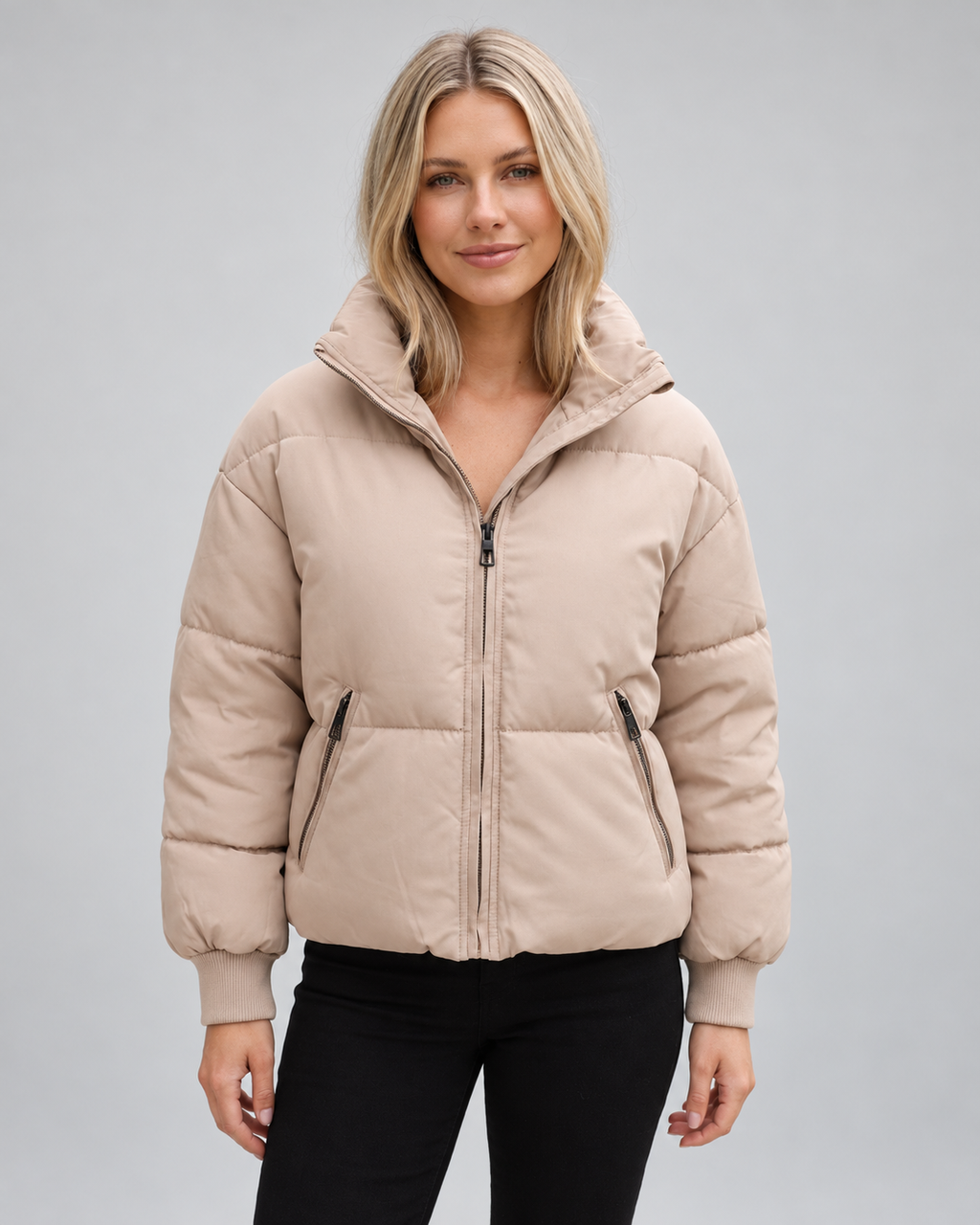 Women's Oversized Padded Puffer Jacket with High Funnel Neck and Drawcord Hem