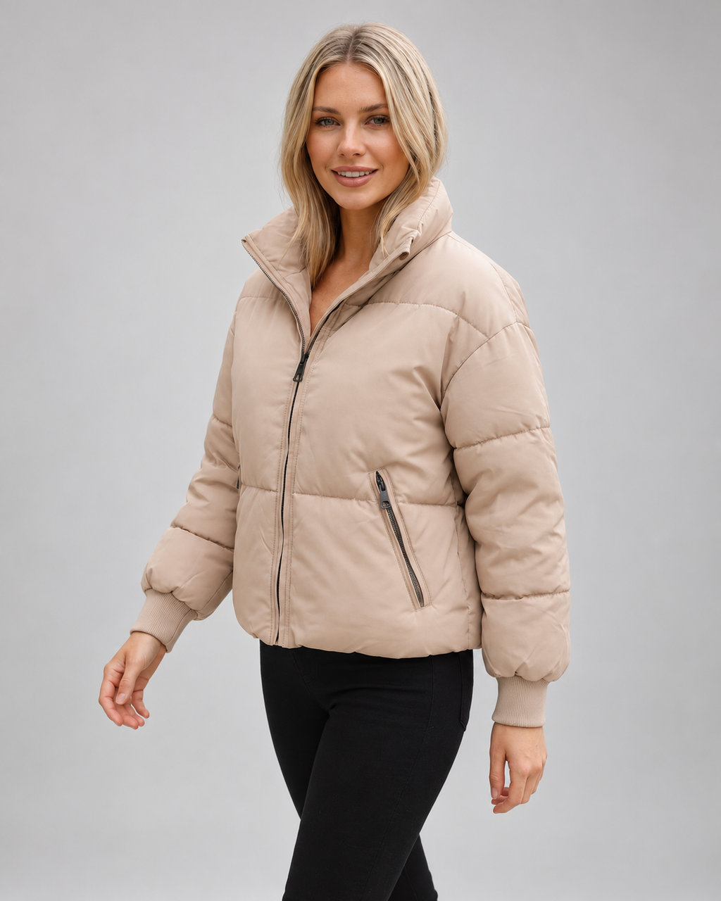 Women's Oversized Padded Puffer Jacket with High Funnel Neck and Drawcord Hem