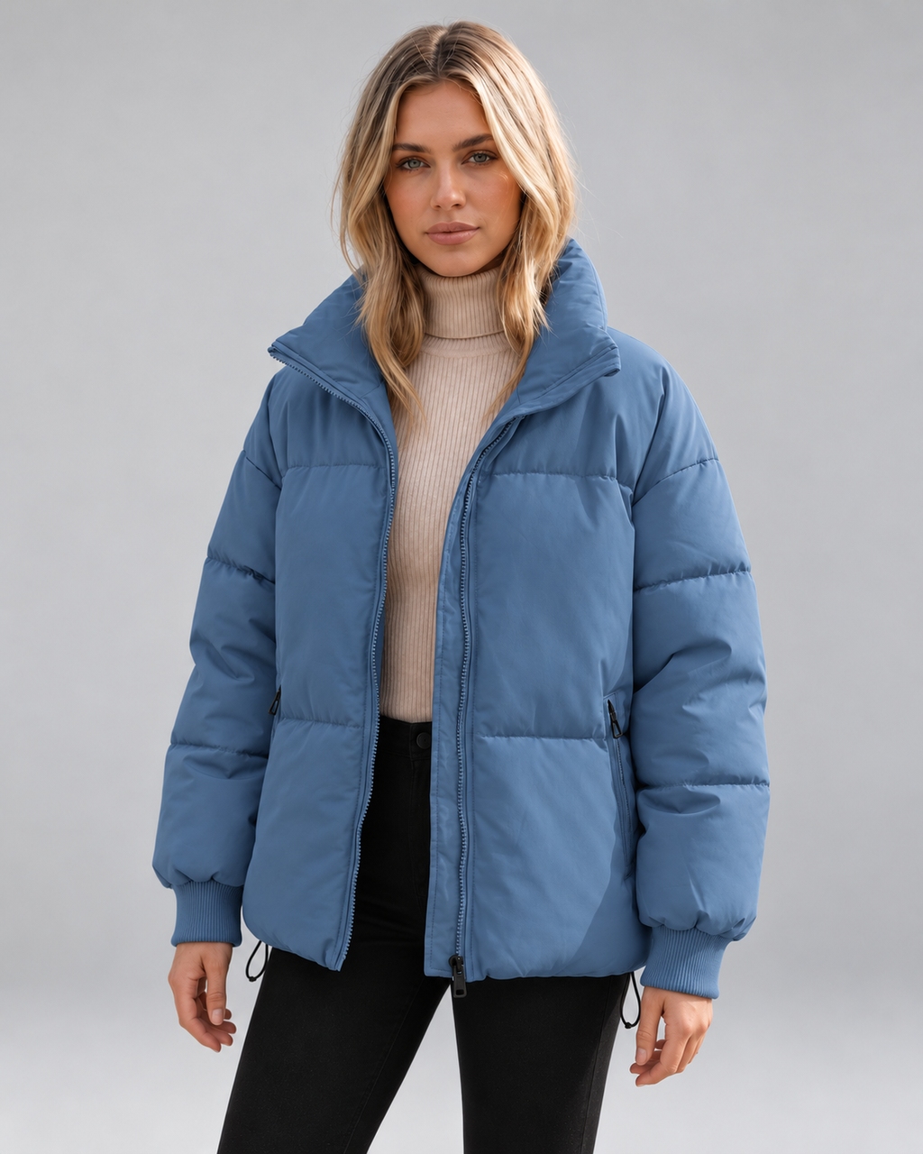 Women's Oversized Padded Puffer Jacket with High Funnel Neck and Drawcord Hem