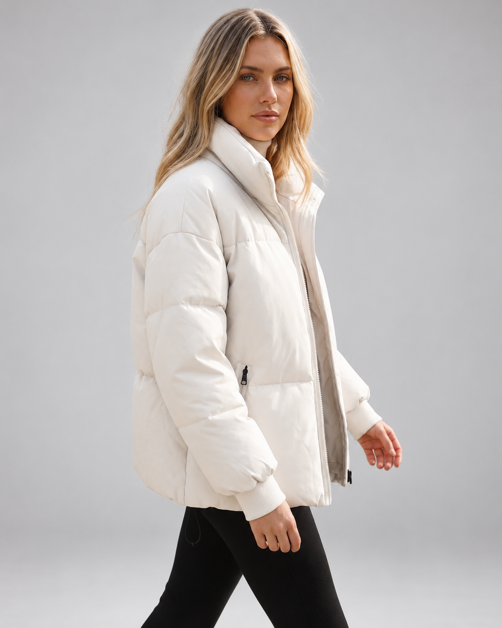 Women's Oversized Padded Puffer Jacket with High Funnel Neck and Drawcord Hem