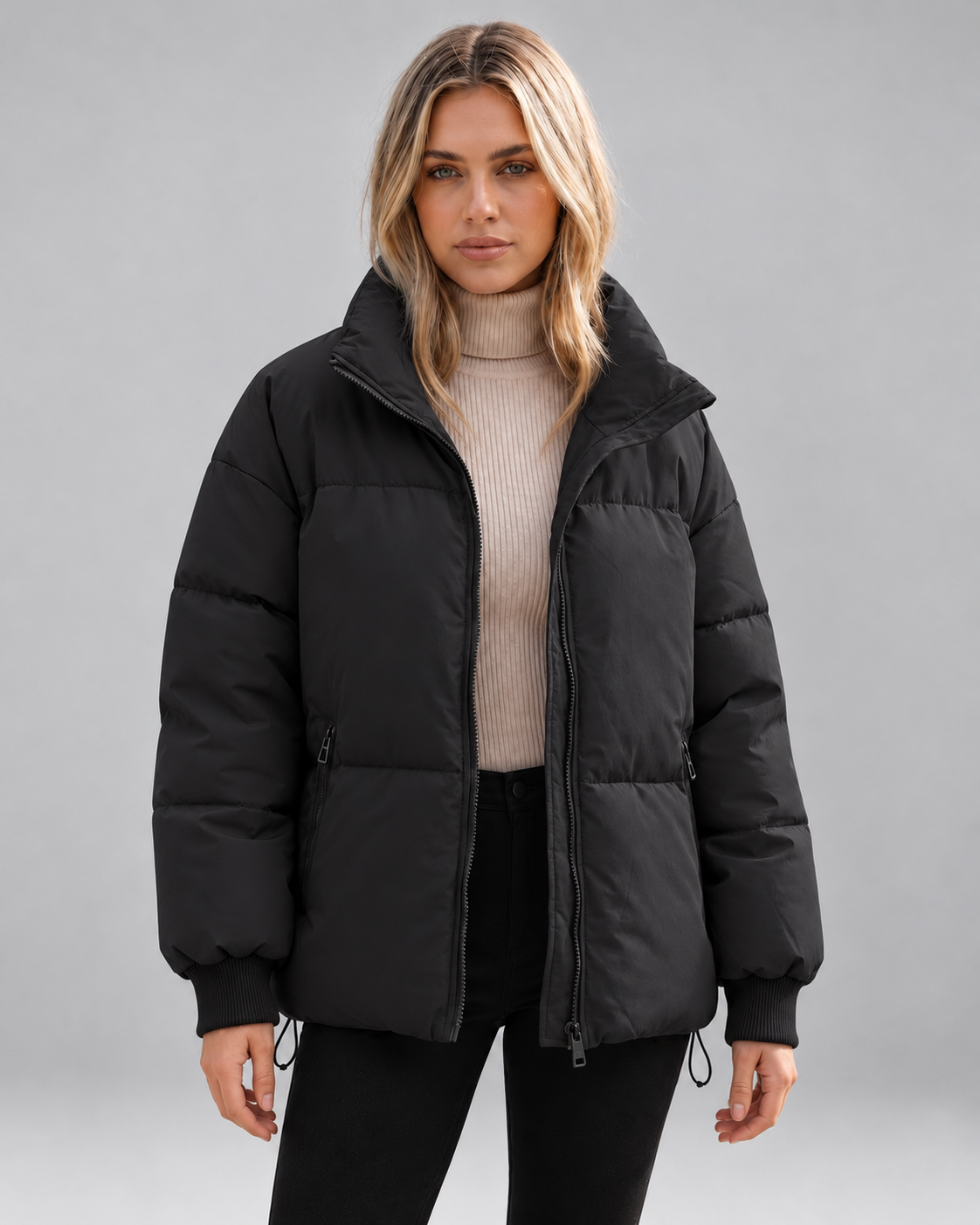Women's Oversized Padded Puffer Jacket with High Funnel Neck and Drawcord Hem