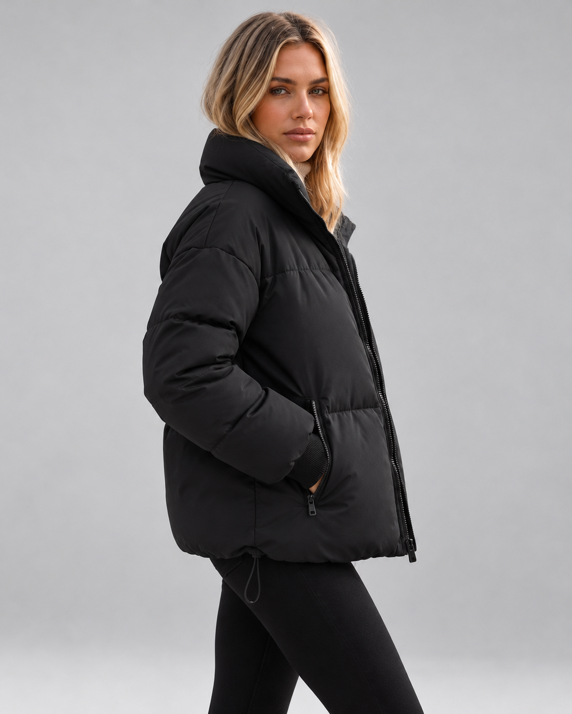 Women's Oversized Padded Puffer Jacket with High Funnel Neck and Drawcord Hem
