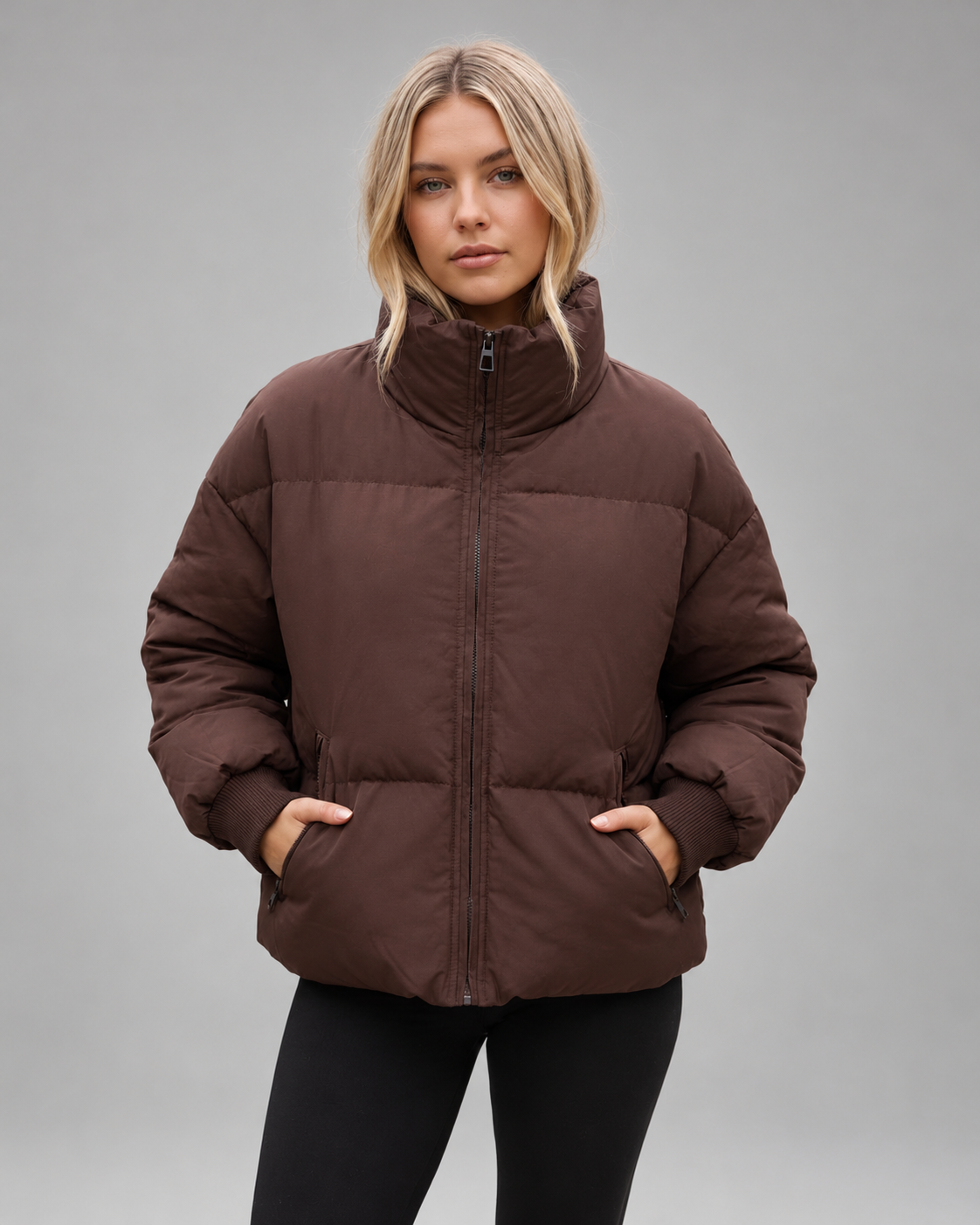 Women's Oversized Padded Puffer Jacket with High Funnel Neck and Drawcord Hem