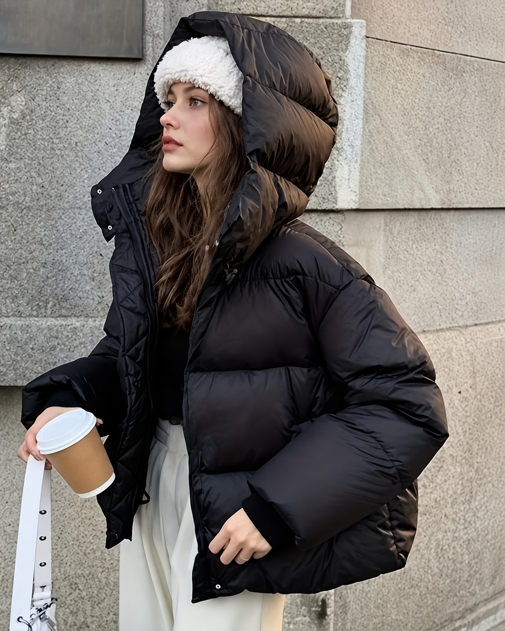 Women's Oversized Padded Puffer Jacket with Zip Front and Hood