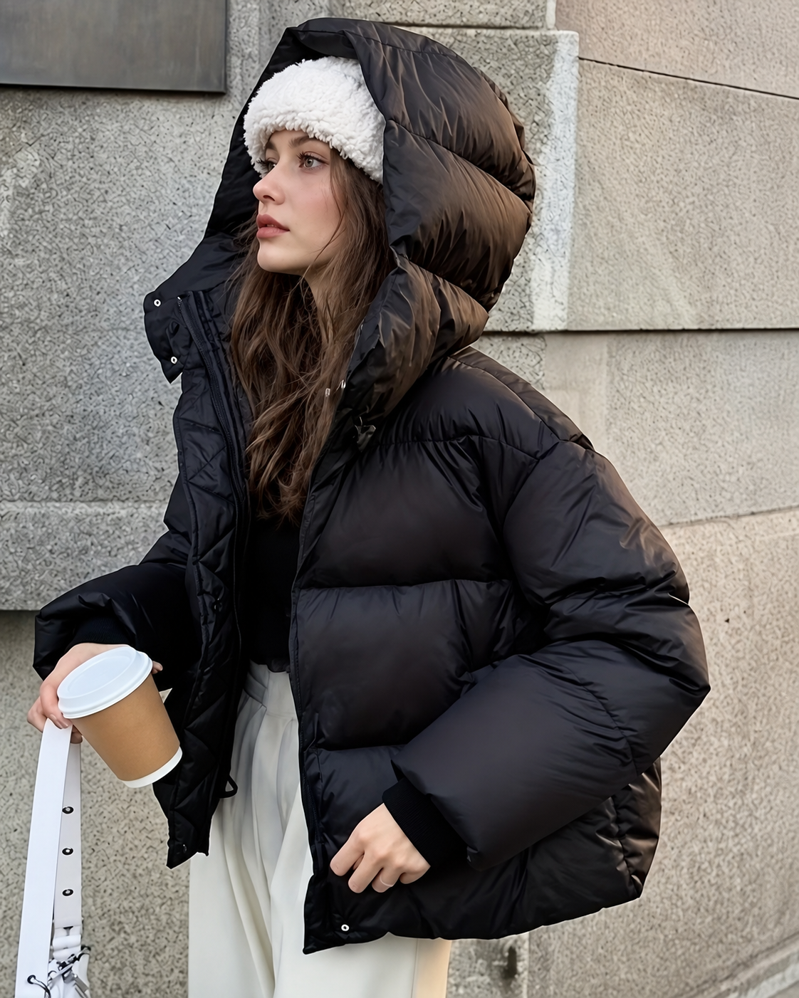 Women's Oversized Padded Puffer Jacket with Zip Front and Hood