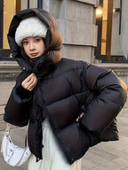 Women's Oversized Padded Puffer Jacket with Zip Front and Hood