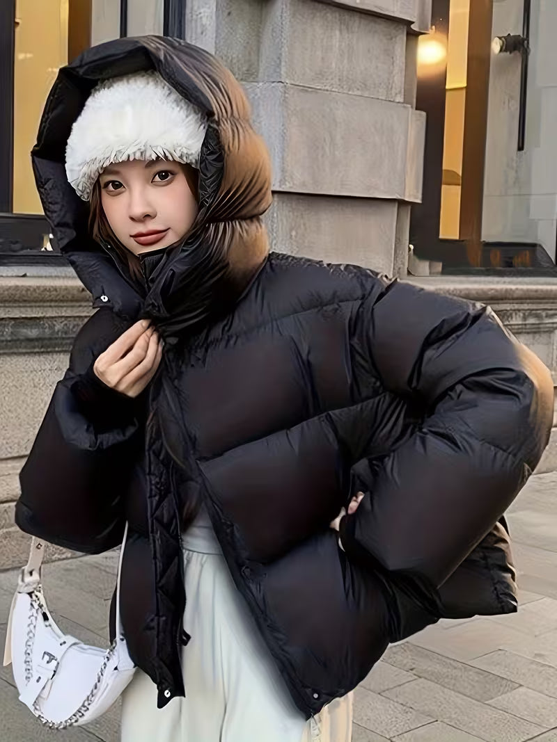 Women's Oversized Padded Puffer Jacket with Zip Front and Hood