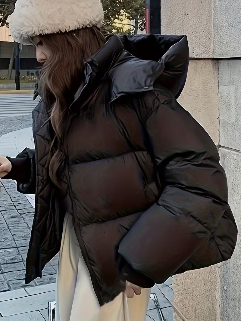 Women's Oversized Padded Puffer Jacket with Zip Front and Hood