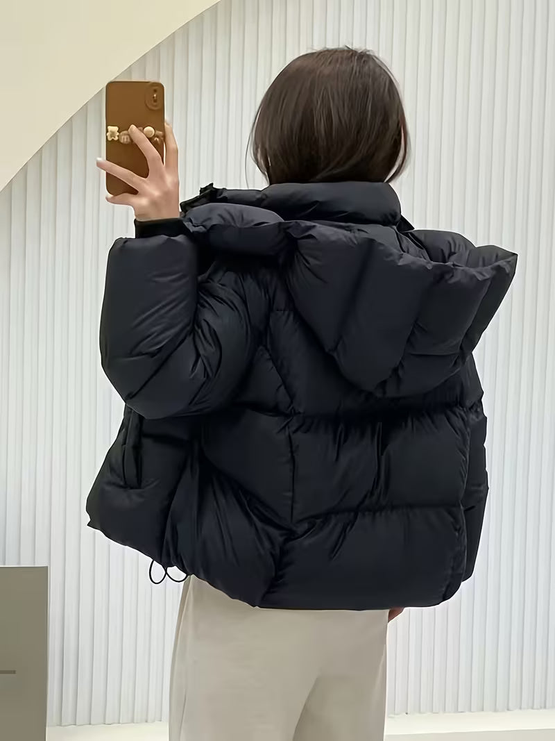 Women's Oversized Padded Puffer Jacket with Zip Front and Hood