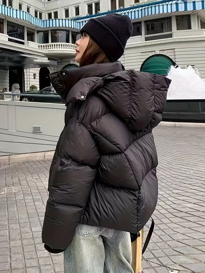 Women's Oversized Padded Puffer Jacket with Zip Front and Hood
