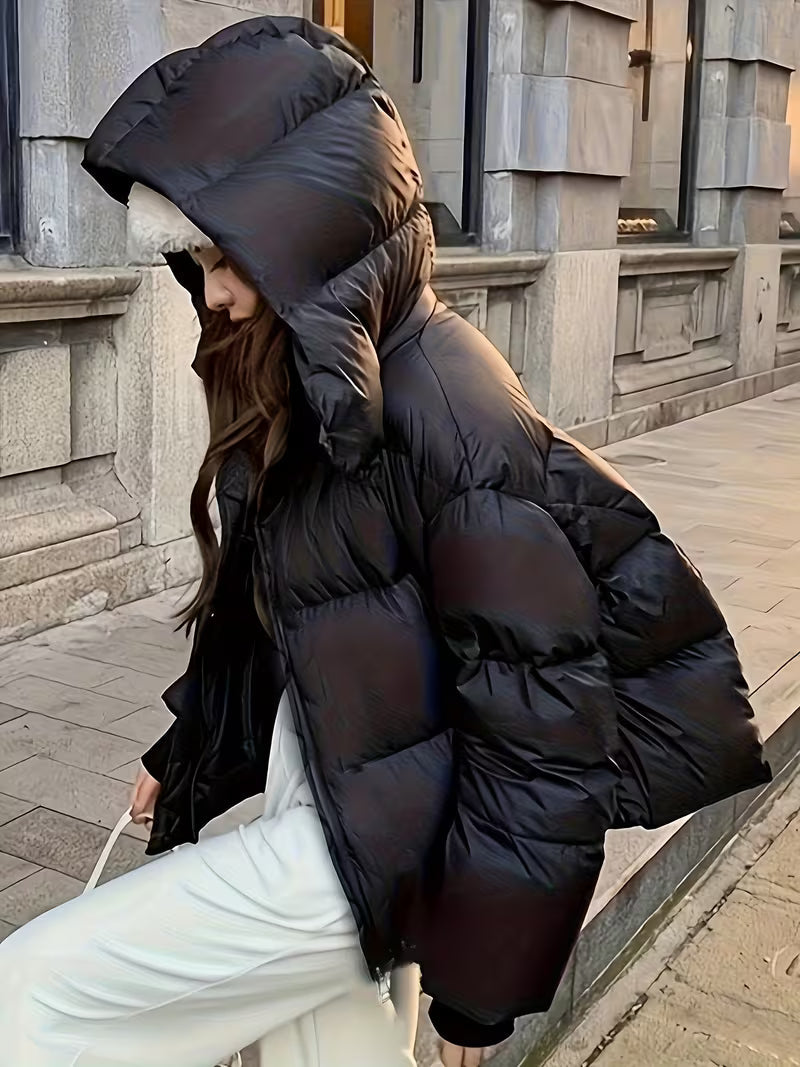 Women's Oversized Padded Puffer Jacket with Zip Front and Hood