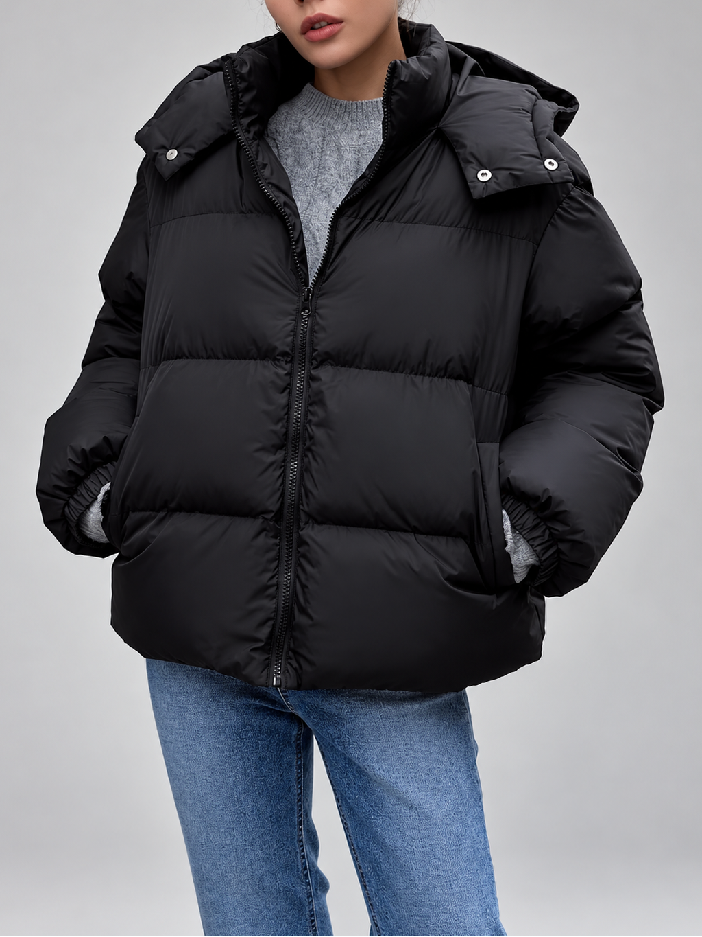 Women's Oversized Puffer Jacket with Detachable Hood and Zip Front