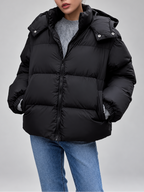 Women's Oversized Puffer Jacket with Detachable Hood and Zip Front