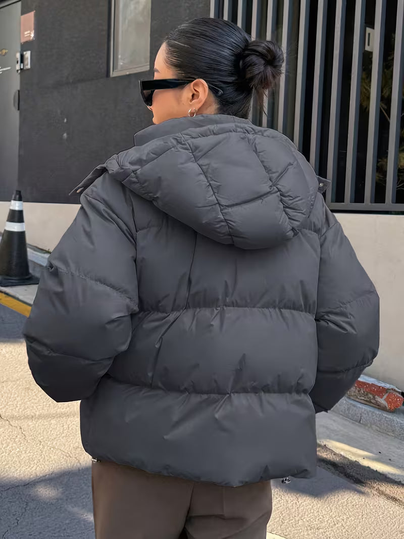 Women's Oversized Puffer Jacket with Detachable Hood and Zip Front