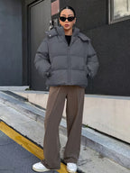 Women's Oversized Puffer Jacket with Detachable Hood and Zip Front