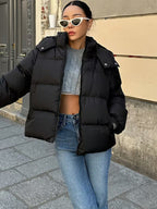 Women's Oversized Puffer Jacket with Detachable Hood and Zip Front