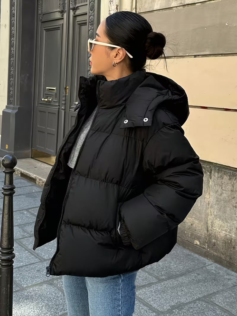 Women's Oversized Puffer Jacket with Detachable Hood and Zip Front