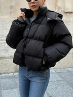 Women's Oversized Puffer Jacket with Detachable Hood and Zip Front