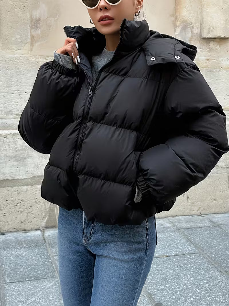 Women's Oversized Puffer Jacket with Detachable Hood and Zip Front