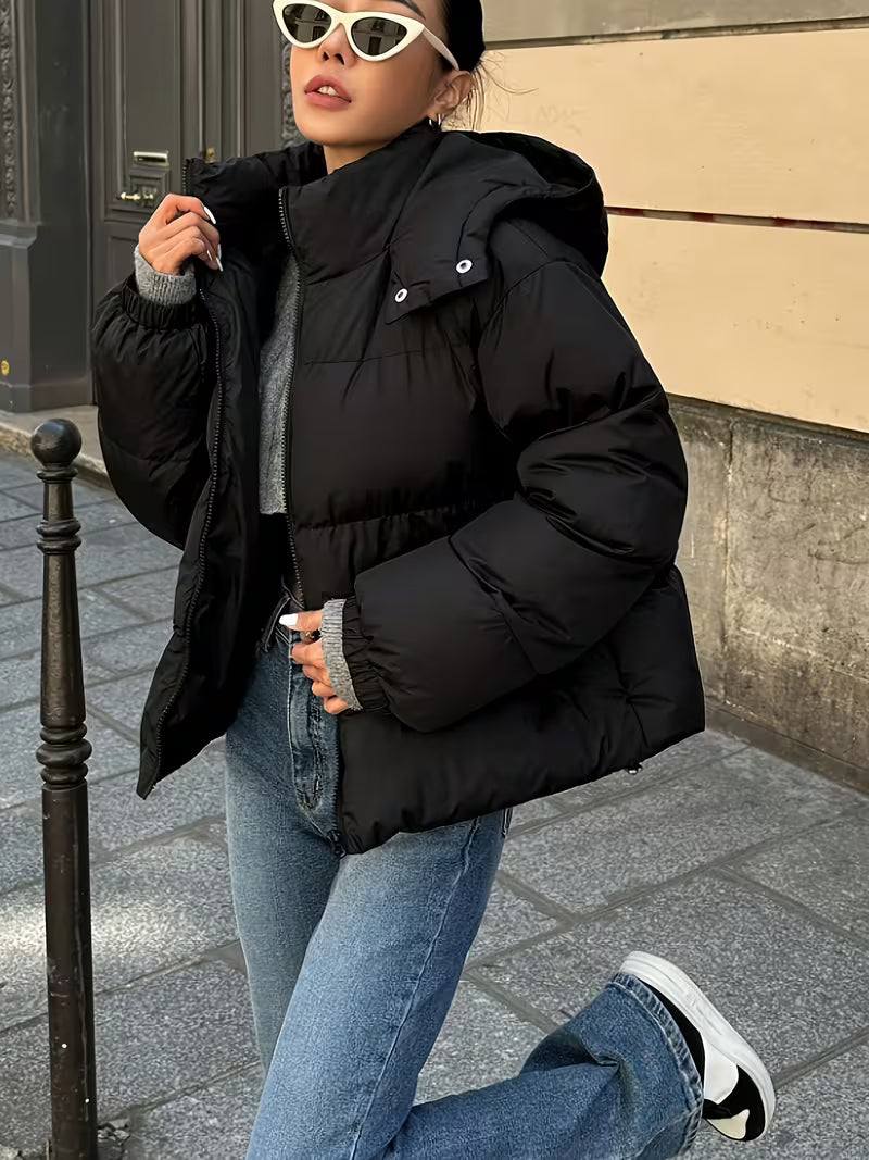 Women's Oversized Puffer Jacket with Detachable Hood and Zip Front