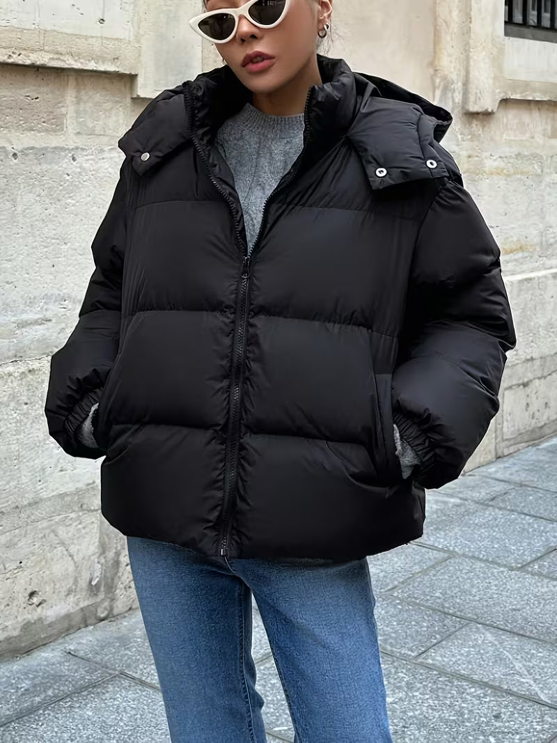 Women's Oversized Puffer Jacket with Detachable Hood and Zip Front