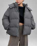 Women's Oversized Puffer Jacket with Detachable Hood and Zip Front