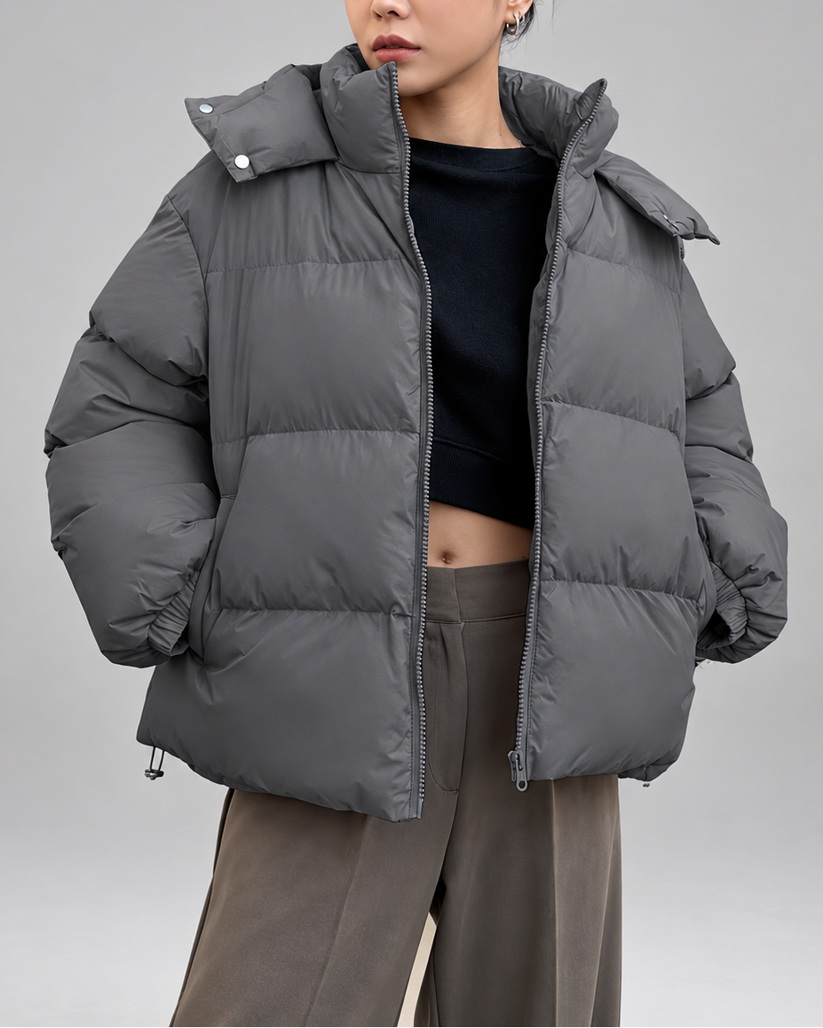 Women's Oversized Puffer Jacket with Detachable Hood and Zip Front