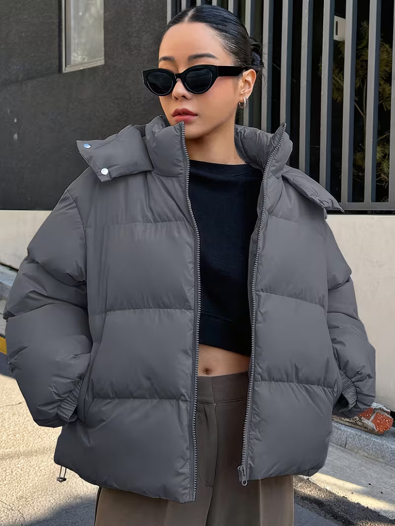 Women's Oversized Puffer Jacket with Detachable Hood and Zip Front