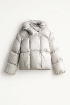 Women's Oversized Puffer Jacket with Funnel Collar and Snap Front
