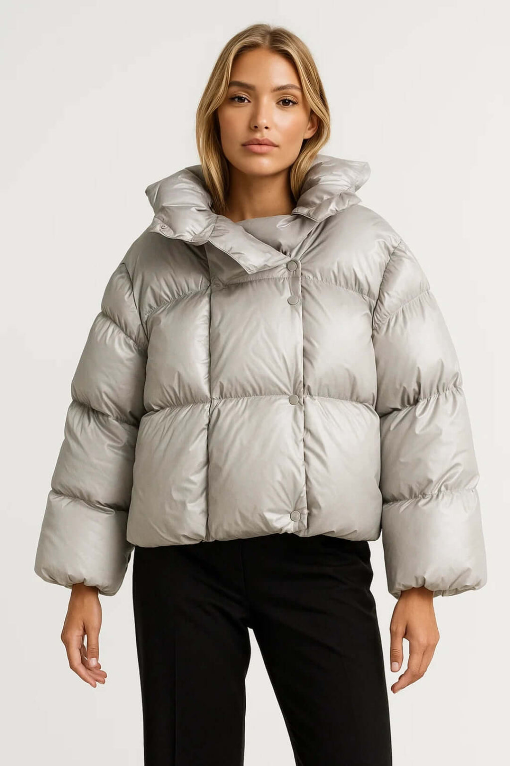 Women's Oversized Puffer Jacket with Funnel Collar and Snap Front