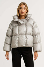 Women's Oversized Puffer Jacket with Funnel Collar and Snap Front