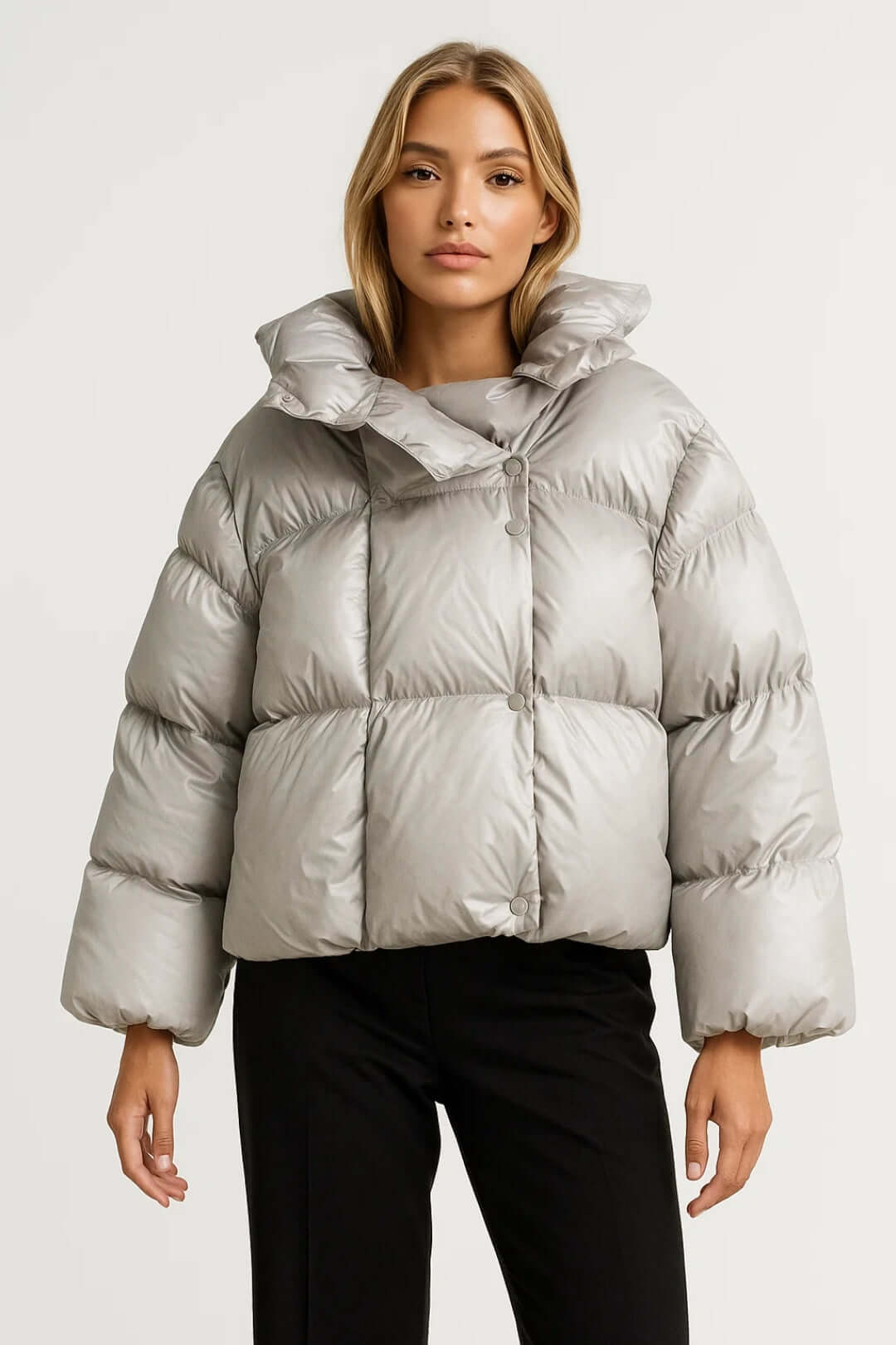 Women's Oversized Puffer Jacket with Funnel Collar and Snap Front