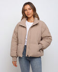 Women's Oversized Puffer Jacket with Stand Collar and Zip Front