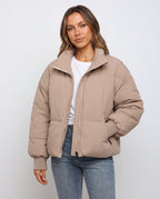 Women's Oversized Puffer Jacket with Stand Collar and Zip Front