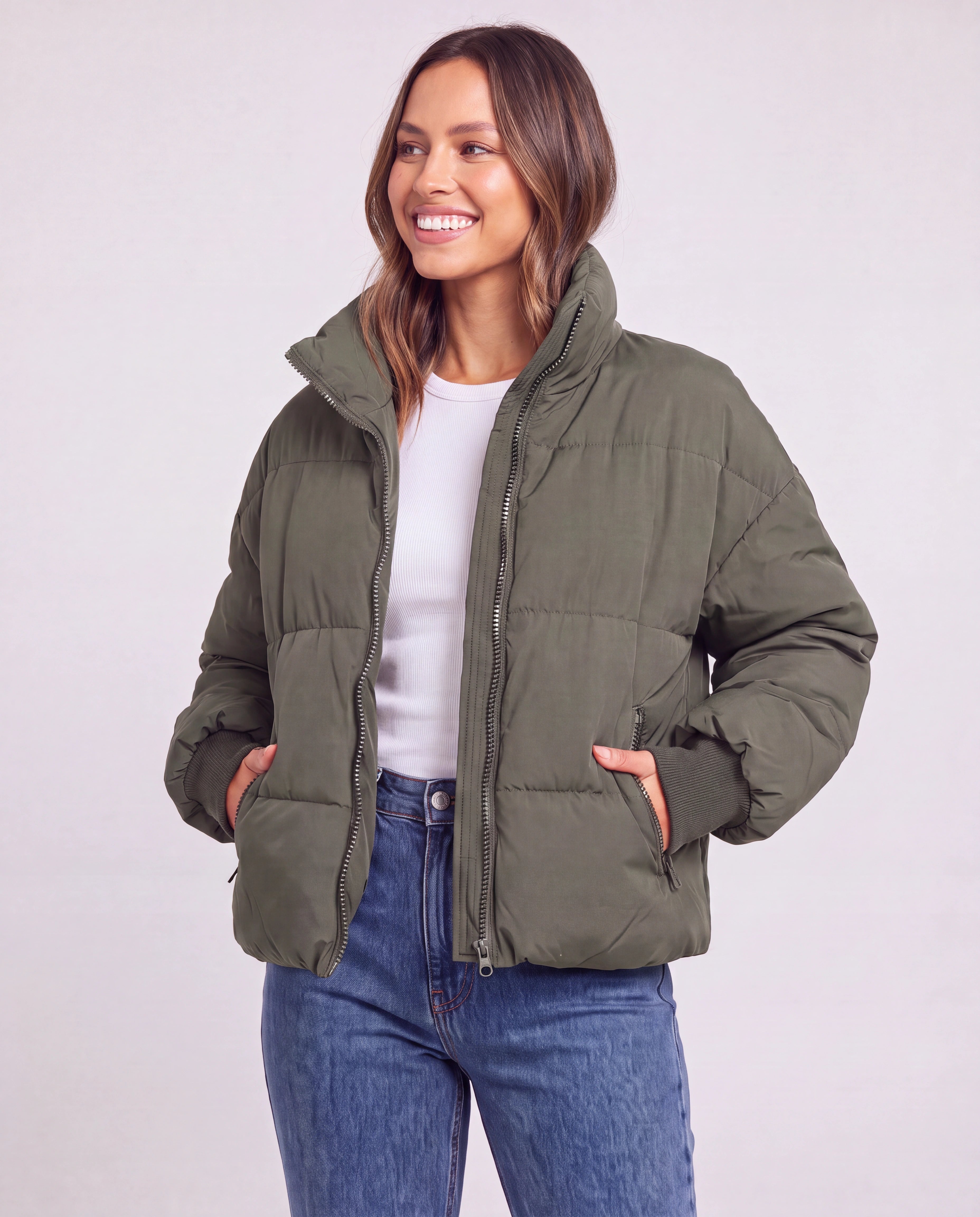 Women's Oversized Puffer Jacket with Stand Collar and Zip Front