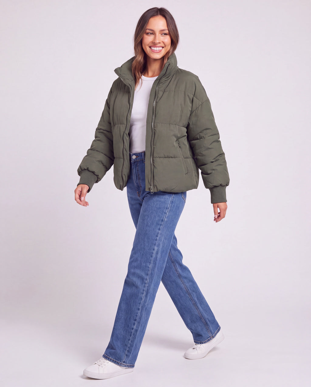 Women's Oversized Puffer Jacket with Stand Collar and Zip Front