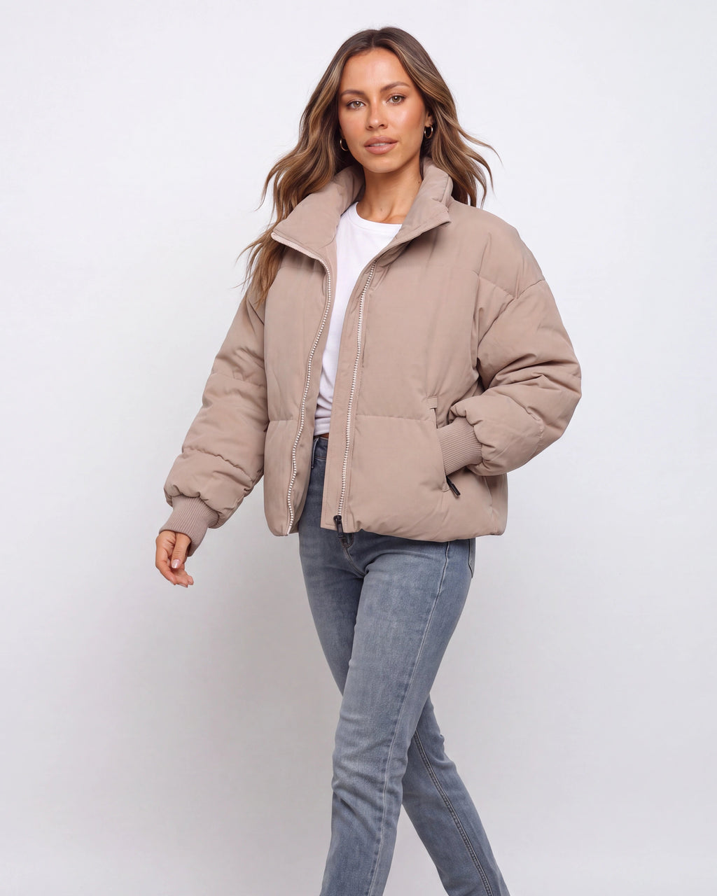 Women's Oversized Puffer Jacket with Stand Collar and Zip Front