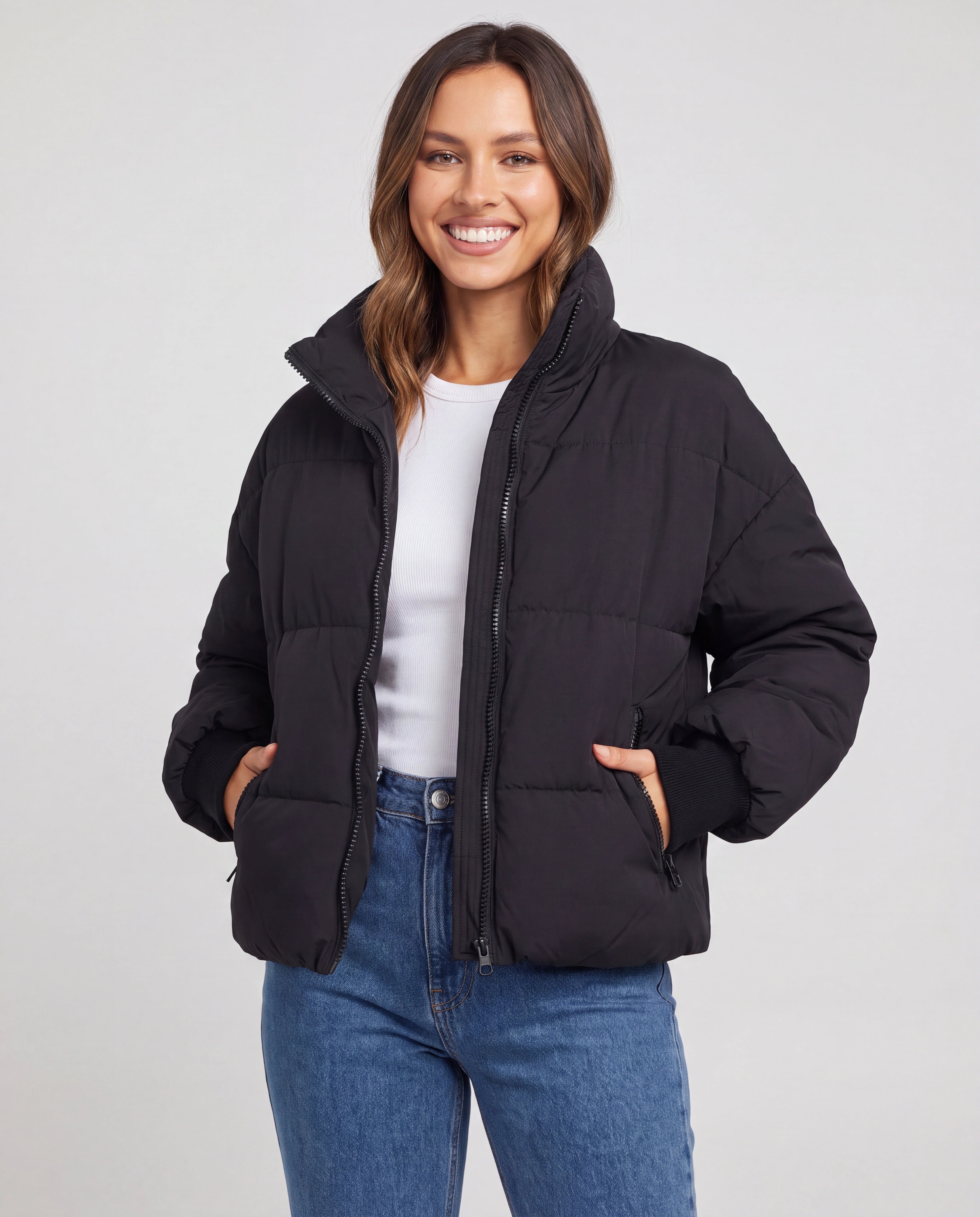 Women's Oversized Puffer Jacket with Stand Collar and Zip Front