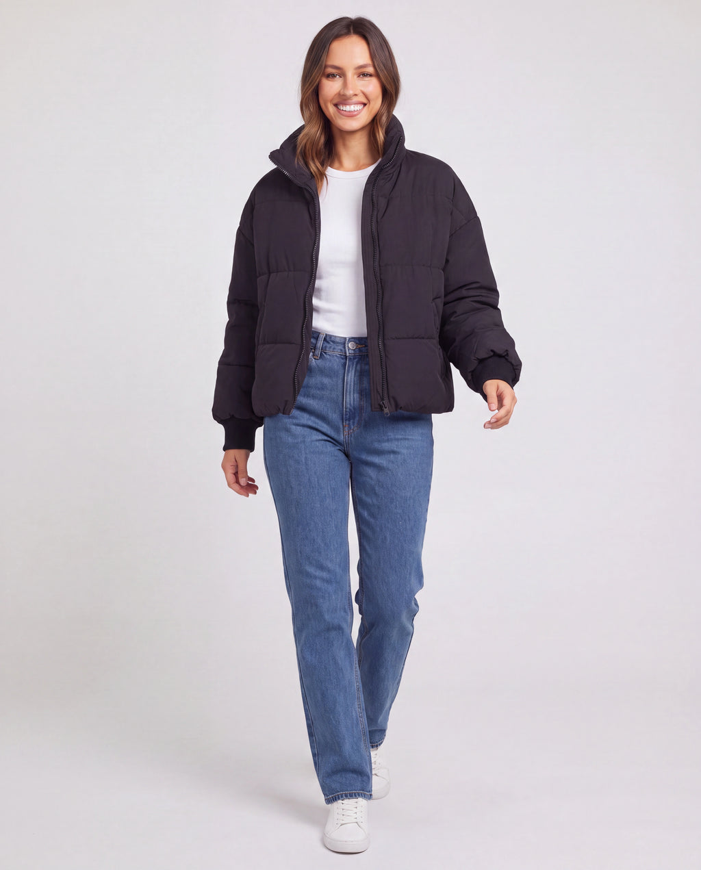 Women's Oversized Puffer Jacket with Stand Collar and Zip Front
