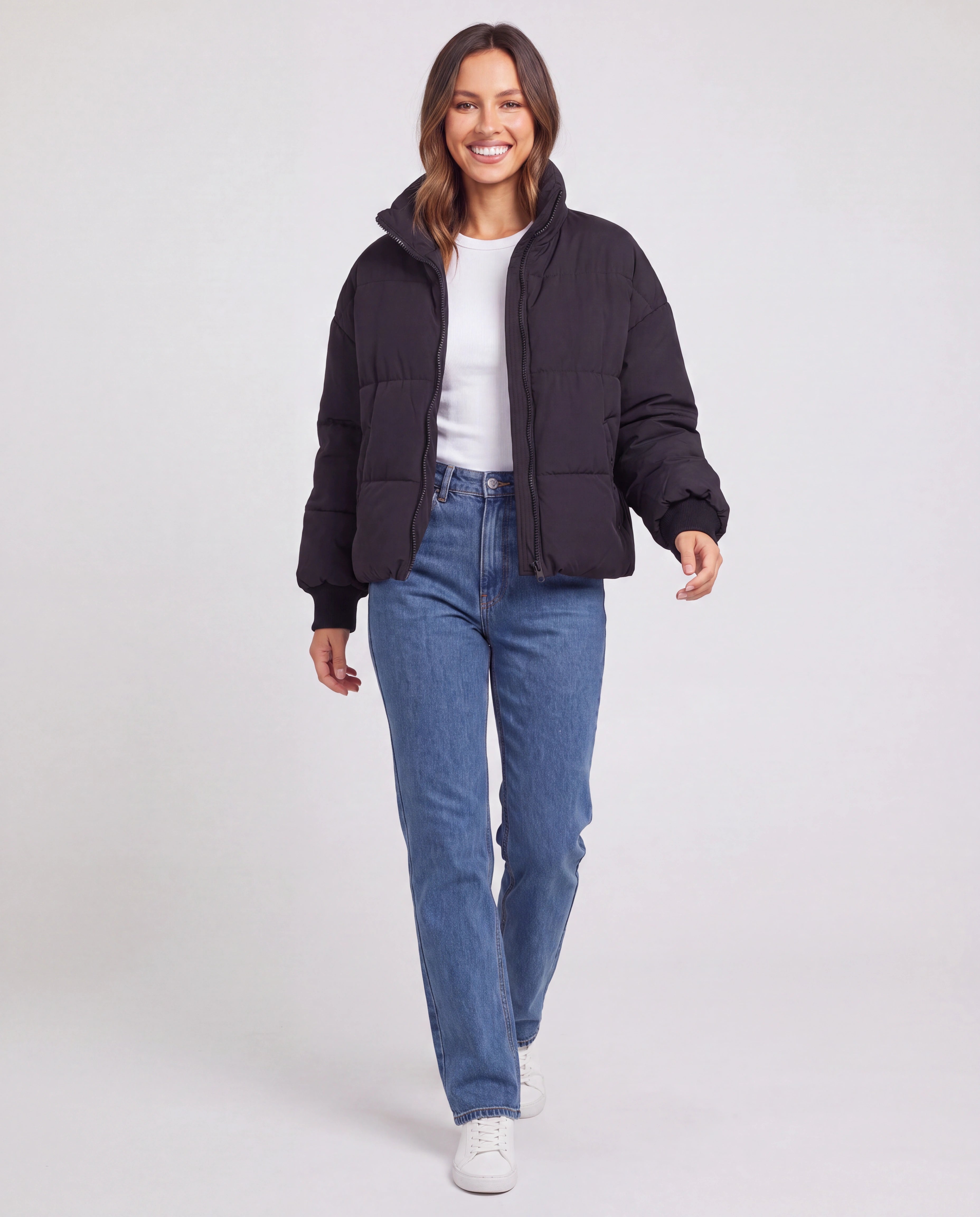 Women's Oversized Puffer Jacket with Stand Collar and Zip Front