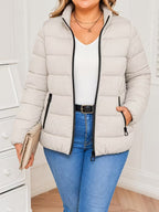 Women's Oversized Puffer Jacket with Zip Pockets and Stand Collar
