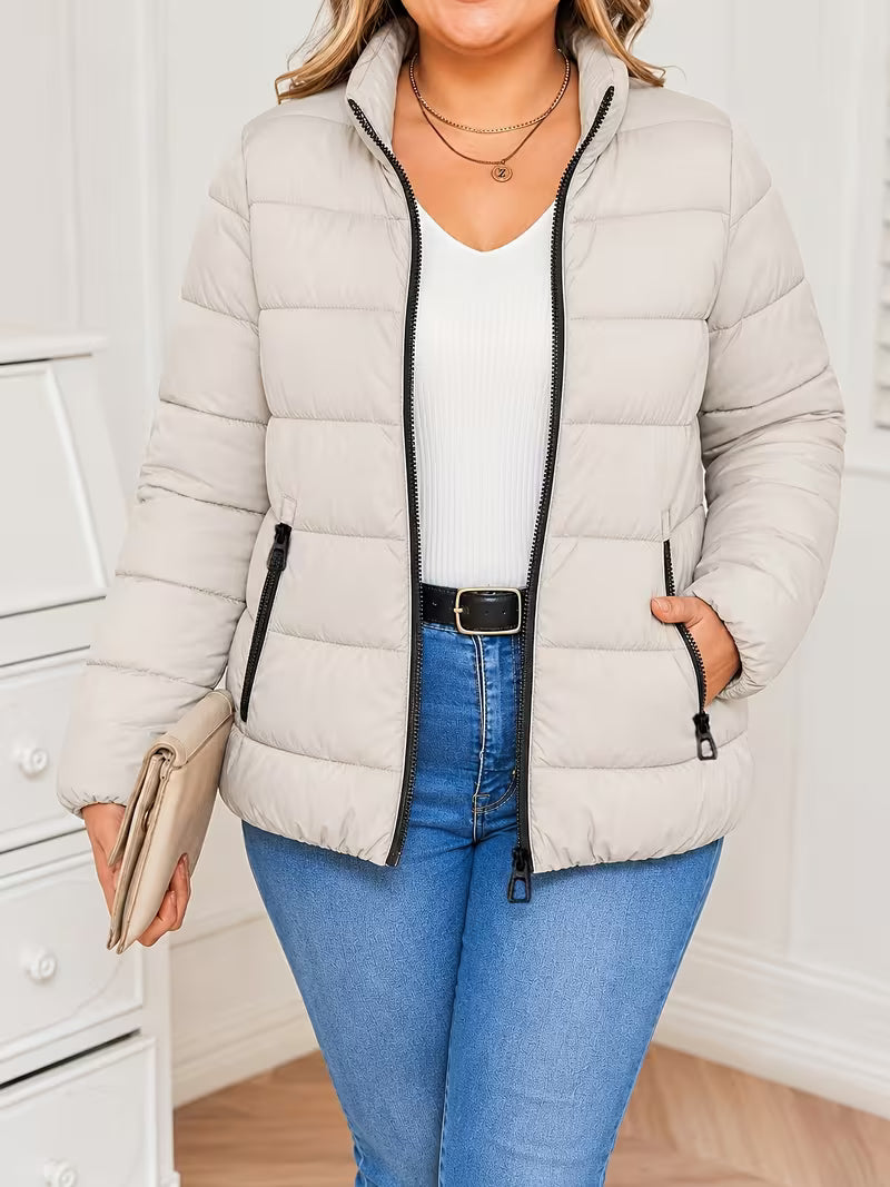 Women's Oversized Puffer Jacket with Zip Pockets and Stand Collar
