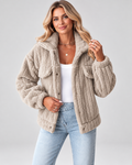 Women's textured teddy fleece jacket with turn down collar and button front