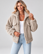 Women's textured teddy fleece jacket with turn down collar and button front