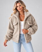 Women's textured teddy fleece jacket with turn down collar and button front