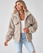 Women's textured teddy fleece jacket with turn down collar and button front