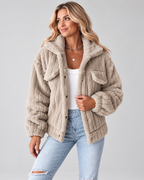 Women's textured teddy fleece jacket with turn down collar and button front