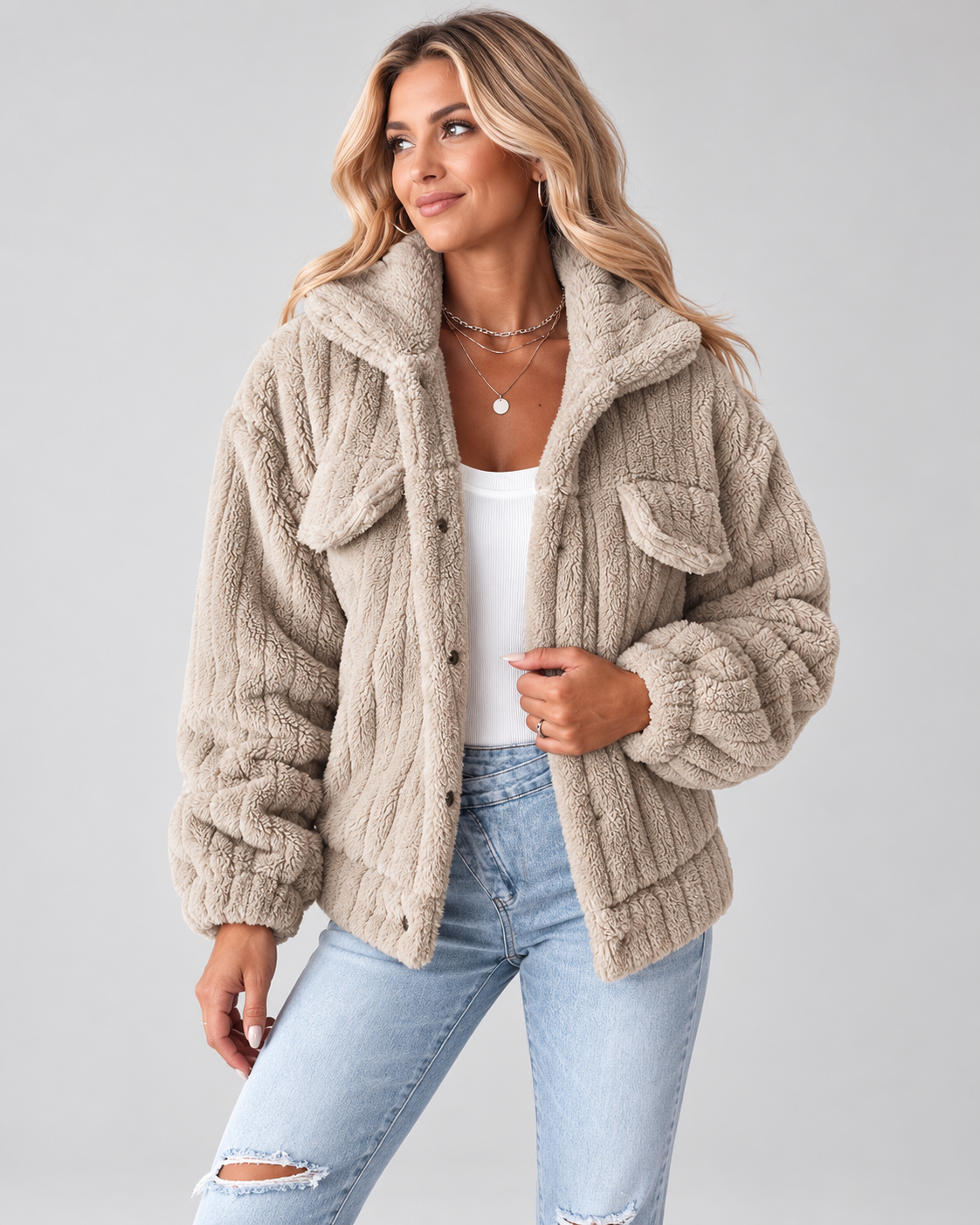 Women's textured teddy fleece jacket with turn down collar and button front