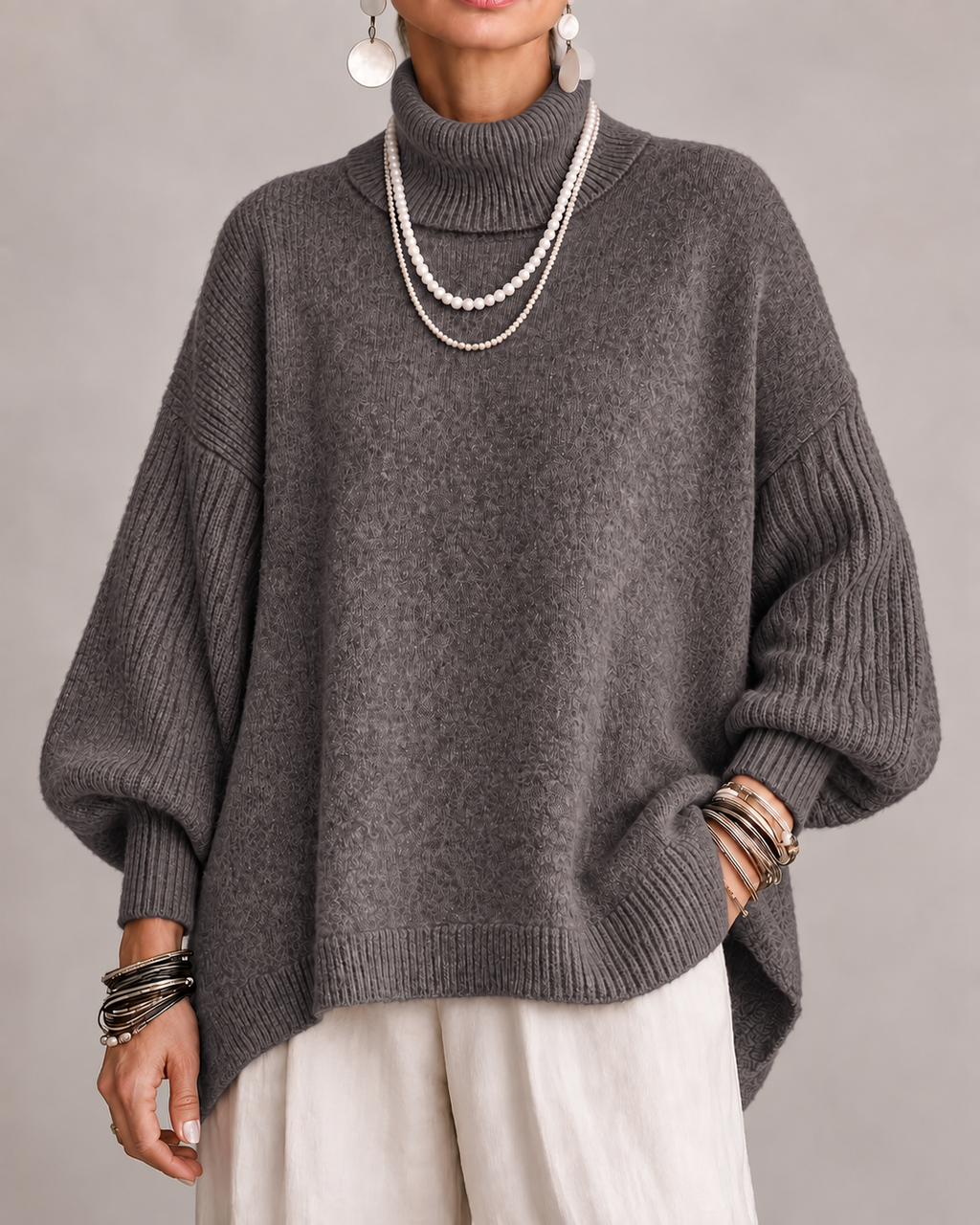 Women's Oversized Roll Neck Jumper with Batwing Sleeves and Ribbed Trims in Dark Grey – Front View