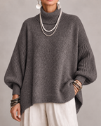 Women's Oversized Roll Neck Jumper with Batwing Sleeves and Ribbed Trims in Dark Grey – Front View